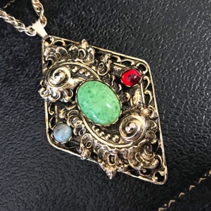 Vintage Mogul Pendant Necklace, Ornate Gold Tone Metal 1960s 1970s Jewelry, Blue Green Red Cabochons