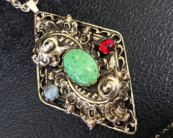 Vintage Mogul Pendant Necklace, Ornate Gold Tone Metal 1960s 1970s Jewelry, Blue Green Red Cabochons
