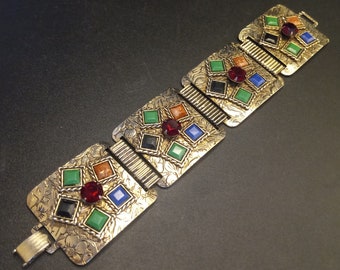 Bracelet vintage en panneaux de strass colorés en lucite et cabochon, bijoux des années 1950, cadeau vintage, cadeau pour amateur de bijoux