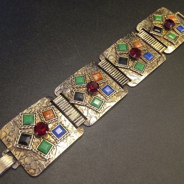 Vintage Colorful Rhinestone Lucite Cabochon Panel Bracelet 1950's 1960's Jewelry, Vintage Present, Gift for Jewelry Lover