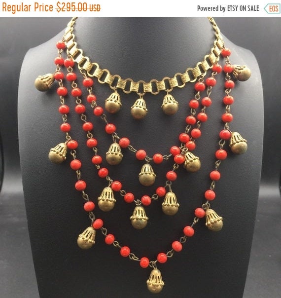Art deco red beaded goldtone metal 1930s 1940s bib