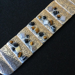 Brighton Vintage Designer Signerad Äkta Sten Cabochon Silvertonad Panelarmband bild 1