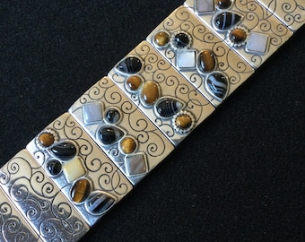 ブライトンヴィンテージデザイナーサイン入りリアルストーンカボションシルバートーンパネルブレスレット