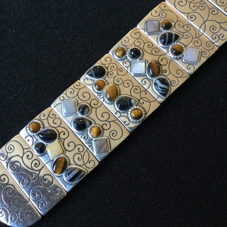 Brighton Vintage Designer Signerad Äkta Sten Cabochon Silvertonad Panelarmband bild 1