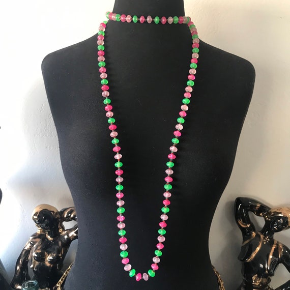 Long necklace, pink green Lucite flapper necklace… - image 8