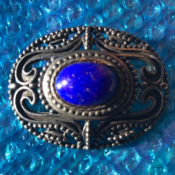 Hollycraft designer signed dark Silvertone metal blue glass brooch pin, mid century collectible costume jewelry