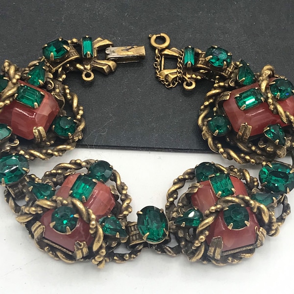 Ornate Filigree Vintage Bracelet, Green Rhinestone Orange Cabochon Jewelry, Victorian Revival Chunky Collectible 1950's 1960's Jewelry