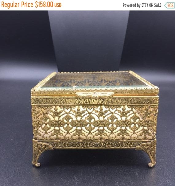 Mid Century Gold Tone Metal Jewelry Box Hollywood