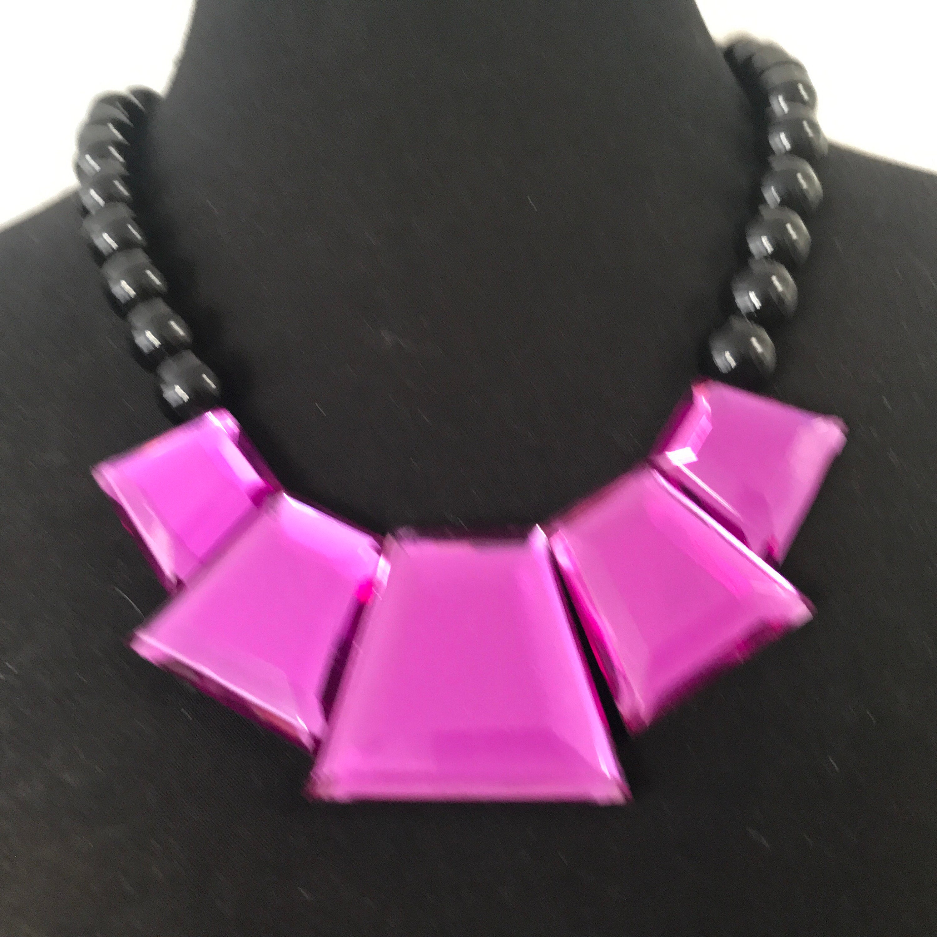 SILVER STATEMENT NECKLACE WITH PURPLE ANIMAL SKIN PRINT AND FACETED LUCITE BEADS 
