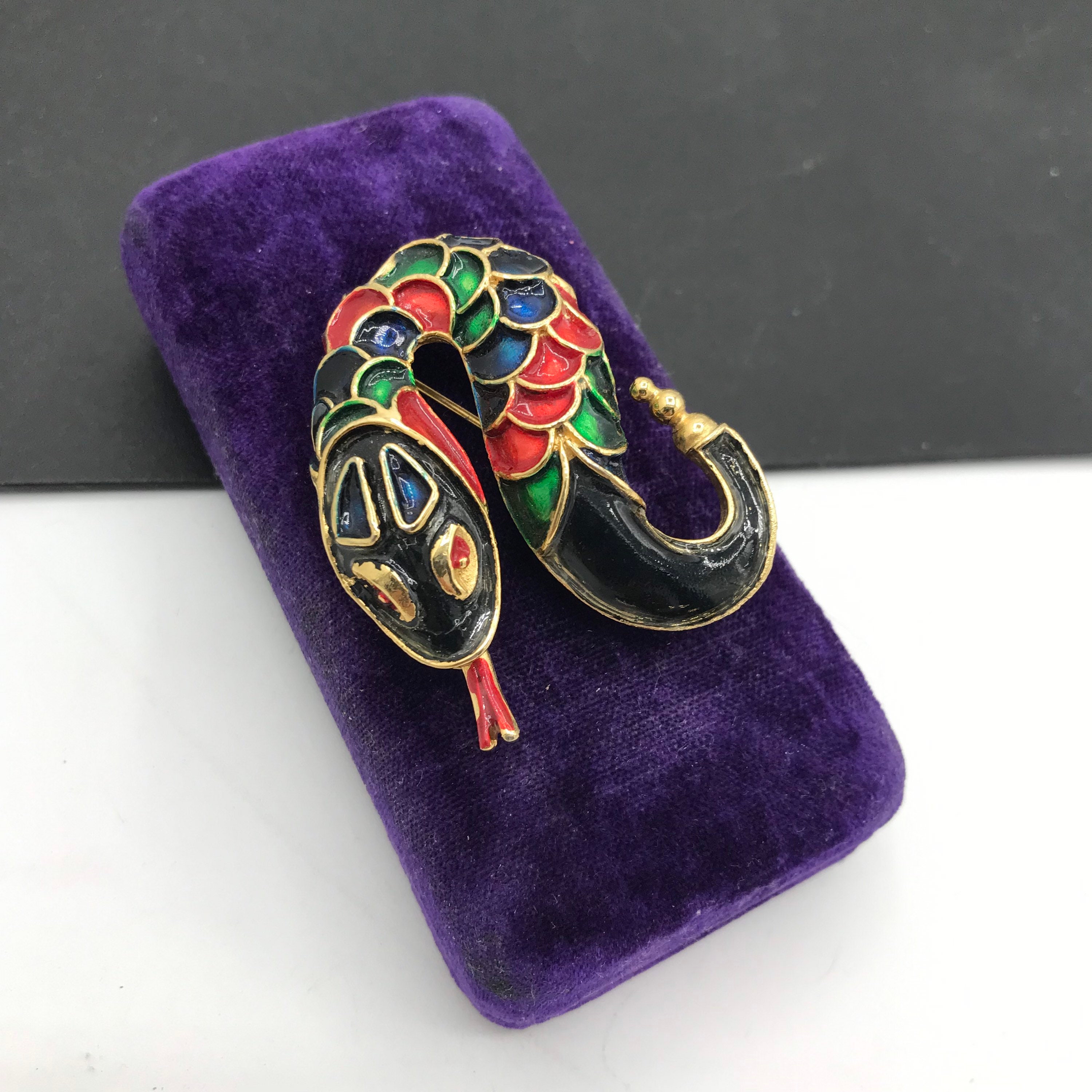 Vintage Black Red Green Enamel Snake Brooch - Retro Accessories - Mad ...
