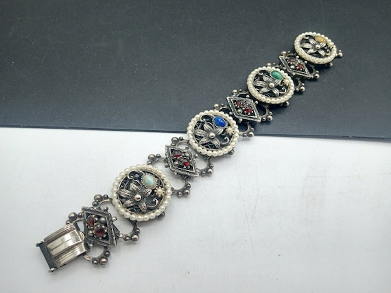 Vintage Rhinestone Faux Pearl Book Chain Bracelet… - image 1