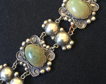Mexico Vintage Signed Ornate Silvertone Green Stone Bracelet, 1940's 1950's Jewelry
