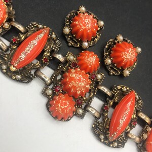 Vintage Lucite Green Moonglow Selro Bracelet & Earring Set, Gold Tone Costume Jewelry 3 Pc Set