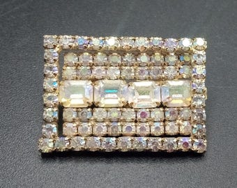 Vintage Square Aurora Borealis Rhinestone Brooch Pin 1950's 1960's Jewelry