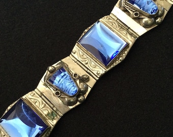 925 Taxco Signed Vintage Blue Glass Chunky Silvertone Bracelet, 1950's 1960s Collectible Jewelry