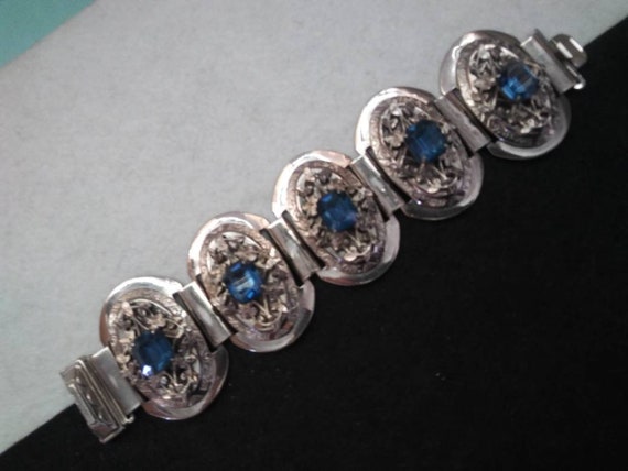 Blue rhinestone chunky wide bracelet, 1950s 1960s… - image 4