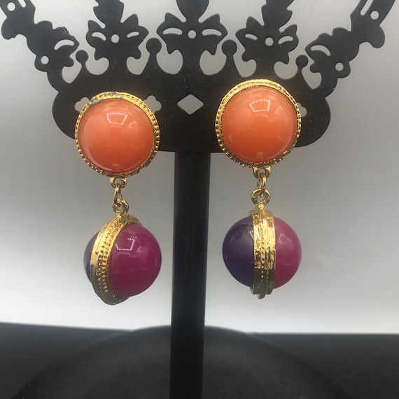 Vintage Pink Purple Dangle Drop Earrings ** 1980'… - image 2