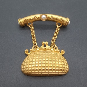 Leslie Block Vintage Matte Gold Designer Signed Purse Brooch Pin 1980&#39;s