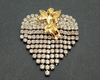 Vintage Heart Cherub Angel Rhinestone Brooch Pin