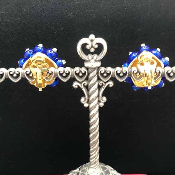Vintage Blue Glass & Rhinestone Clip on Earrings,… - image 8