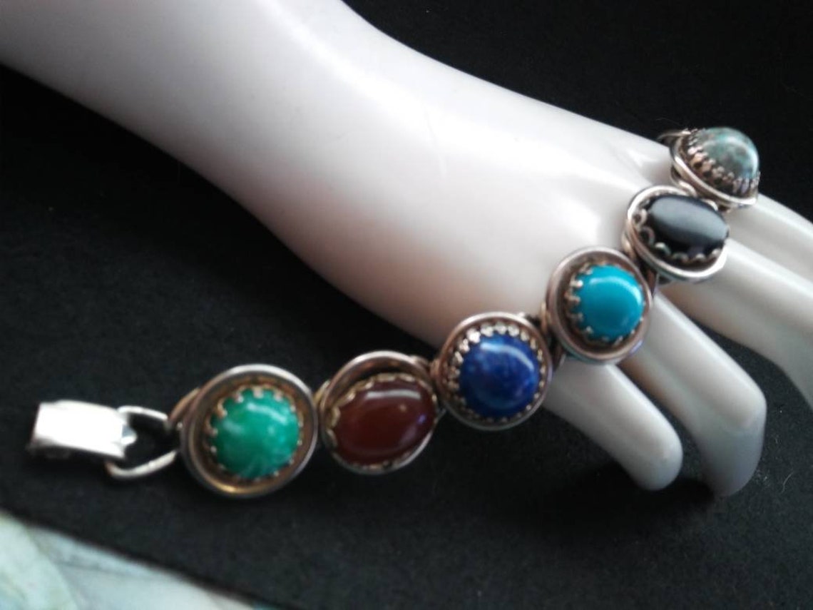 Colorful vintage glass stone bracelet chunky Aqua black blue Etsy