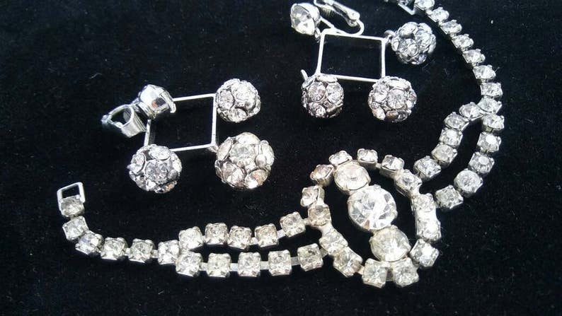 1950/'s High End Hard To Find Rare Jewelry Old Hollywood Glamour Vintage Rhinestone Dangle Earring /& Chunky Bracelet Lot