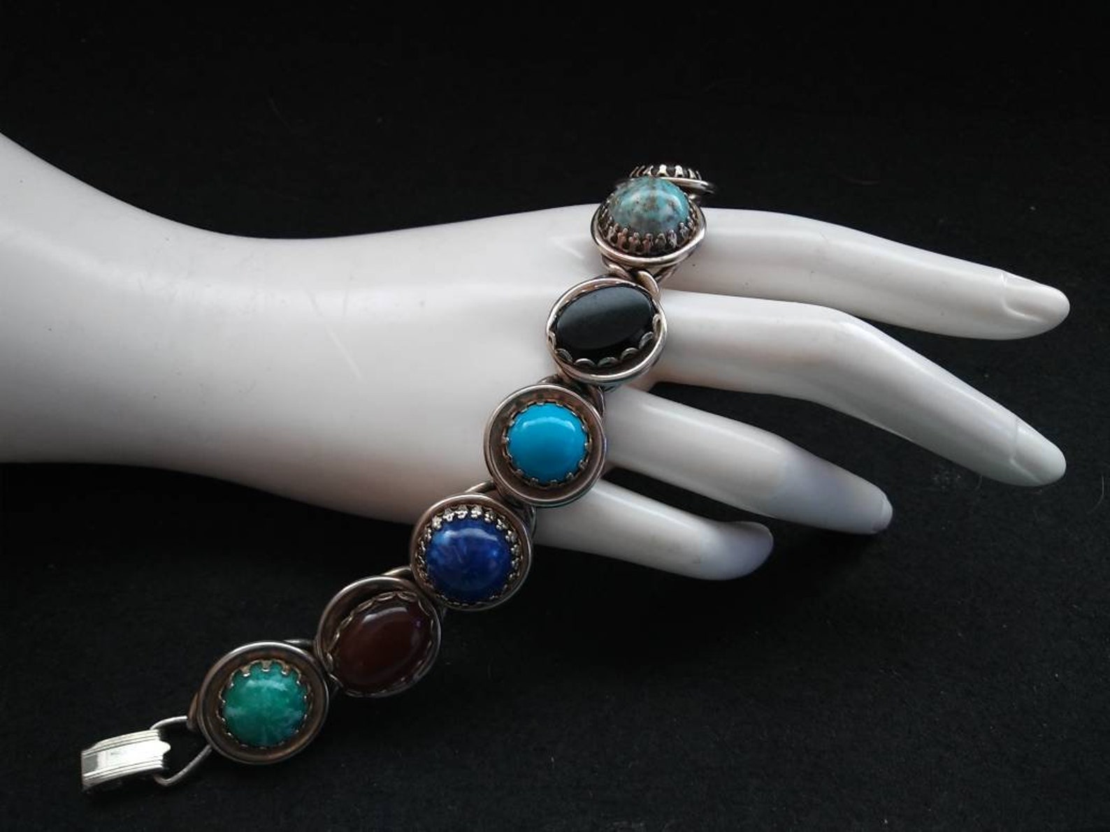 Colorful vintage glass stone bracelet chunky Aqua black blue Etsy