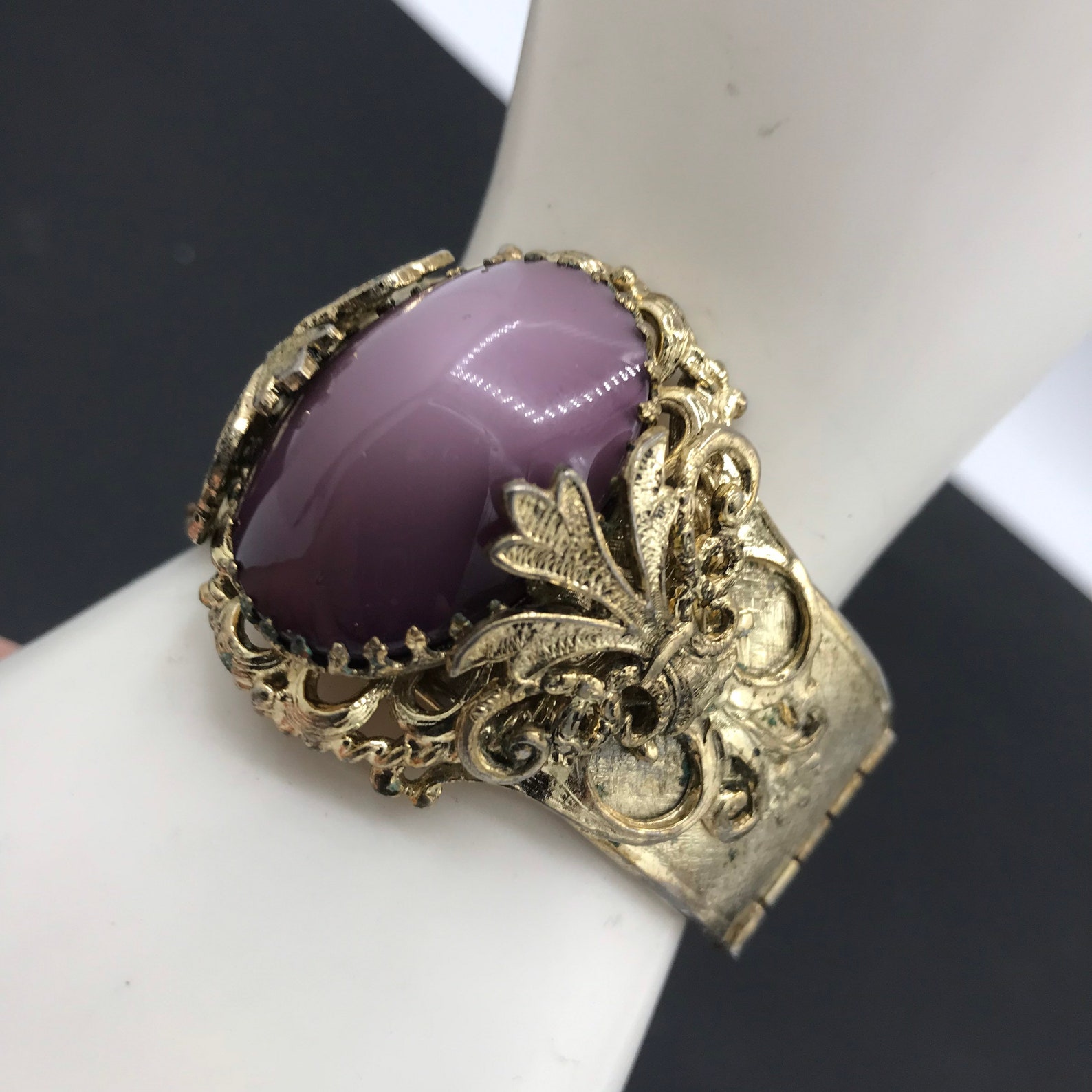 Vintage Purple Glass Stone & Gold Tone Metal Chunky Wide Etsy