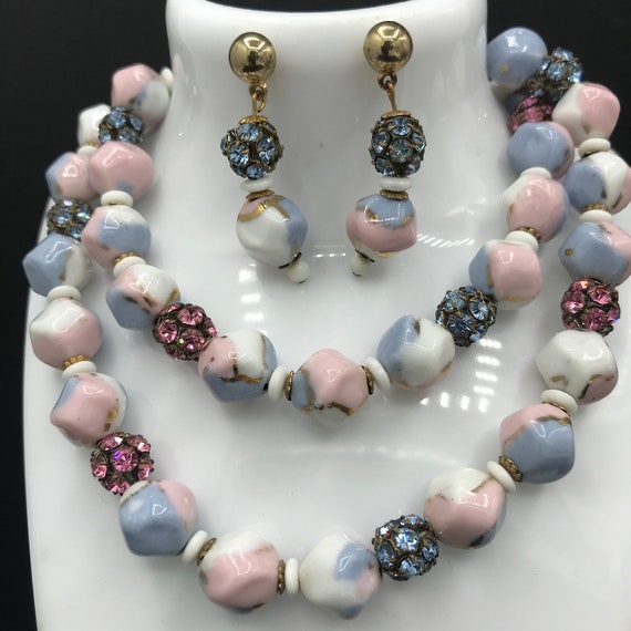 Glass Beaded Jewelry Set,  pink & blue rhinestone… - image 1