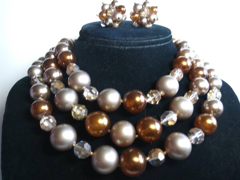 Lovely Brown Lucite /& Crystal Glass Vintage 3 Strand Necklace Beaded Earrings 1950/'s Old Hollywood Glam Collectible Mad Men Jewelry