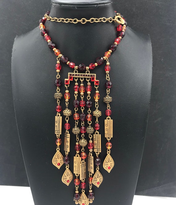 Chico's Necklace, Long red glass beaded statement 