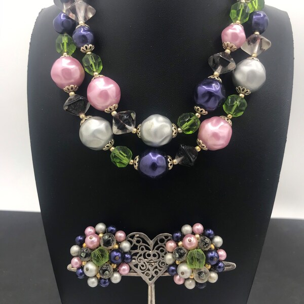 Vintage 50s Lucite Pink Lavender Necklace Earring Set