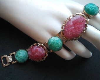 Pink & green bracelet, carved lucite high-end collectible chunky bracelet, vintage asian oriental style costume jewelry