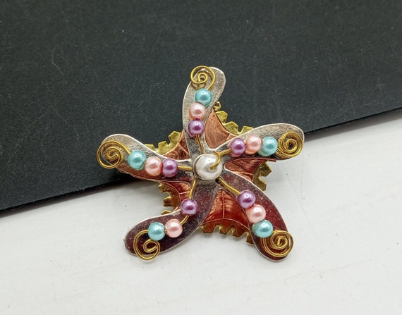 Vintage Colorful Beaded Starfish Style Brooch Pin… - image 1
