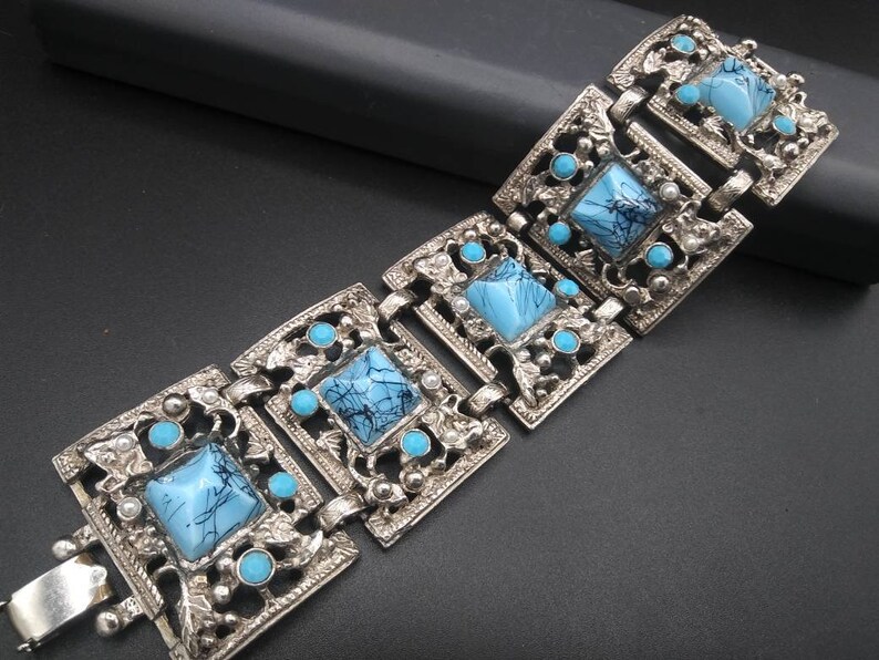 Vintage faux turquoise 5 link selro faux Pearl chunky wide mid-century bracelet