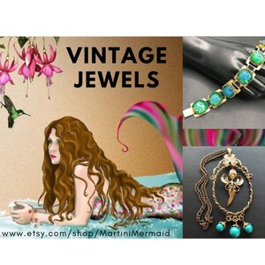 May include: Vintage jewellery featuring a gold necklace with a turquoise pendant and a gold bracelet with green and blue stones. The image also includes a mermaid illustration and the text "Vintage Jewels" and "www.etsy.com/shop/MartiniMermaid".