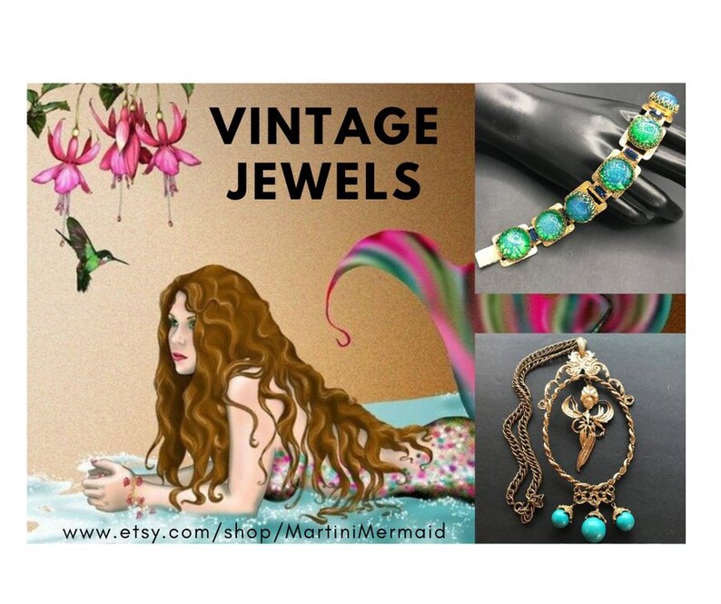 May include: Vintage jewellery featuring a gold necklace with a turquoise pendant and a gold bracelet with green and blue stones. The image also includes a mermaid illustration and the text "Vintage Jewels" and "www.etsy.com/shop/MartiniMermaid".