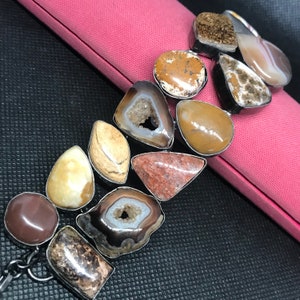 Gemstone Bracelet, Stone Chunky Wide Bracelet, Silver tone jewelry