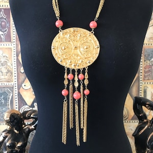 Huge tassel fringe statement pendant necklace, orange beaded jewelry, 1970&#39;s Vintage Gift Idea