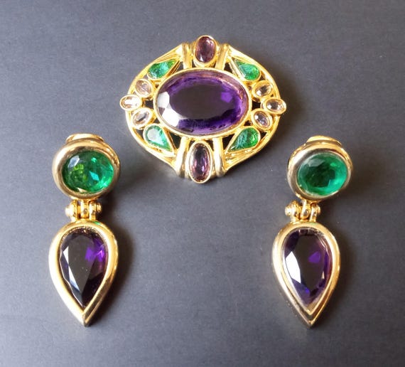 David Grau Designer Signed Vintage Green Purple Glass Brooch Pin & Clip On Earrings Jewelry Set 1980's 1990's