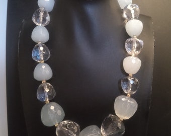 Vintage Clear & Blue Signed EsMor Chunky Lucite Beaded Necklace