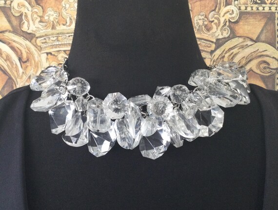 Vintage Chunky Silvertone Lucite Beaded Statement Necklace