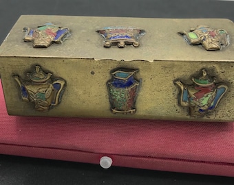 Vintage Brass Chinese Stamp Trinket Box 1920's Antique Home Decor Collectible