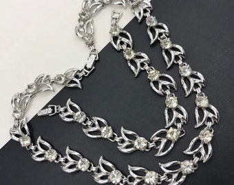 Vintage rhinestone necklace bracelet set, 1960s collectible fashion jewelry