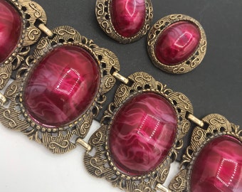 Victorian Revival SELRO Jewelry Set, Chunky Bracelet, Clip On Earrings