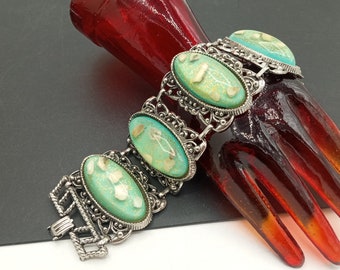 Vintage Green Chunky Glitter Shell Panel Bracelet 1950's Selro Jewelry