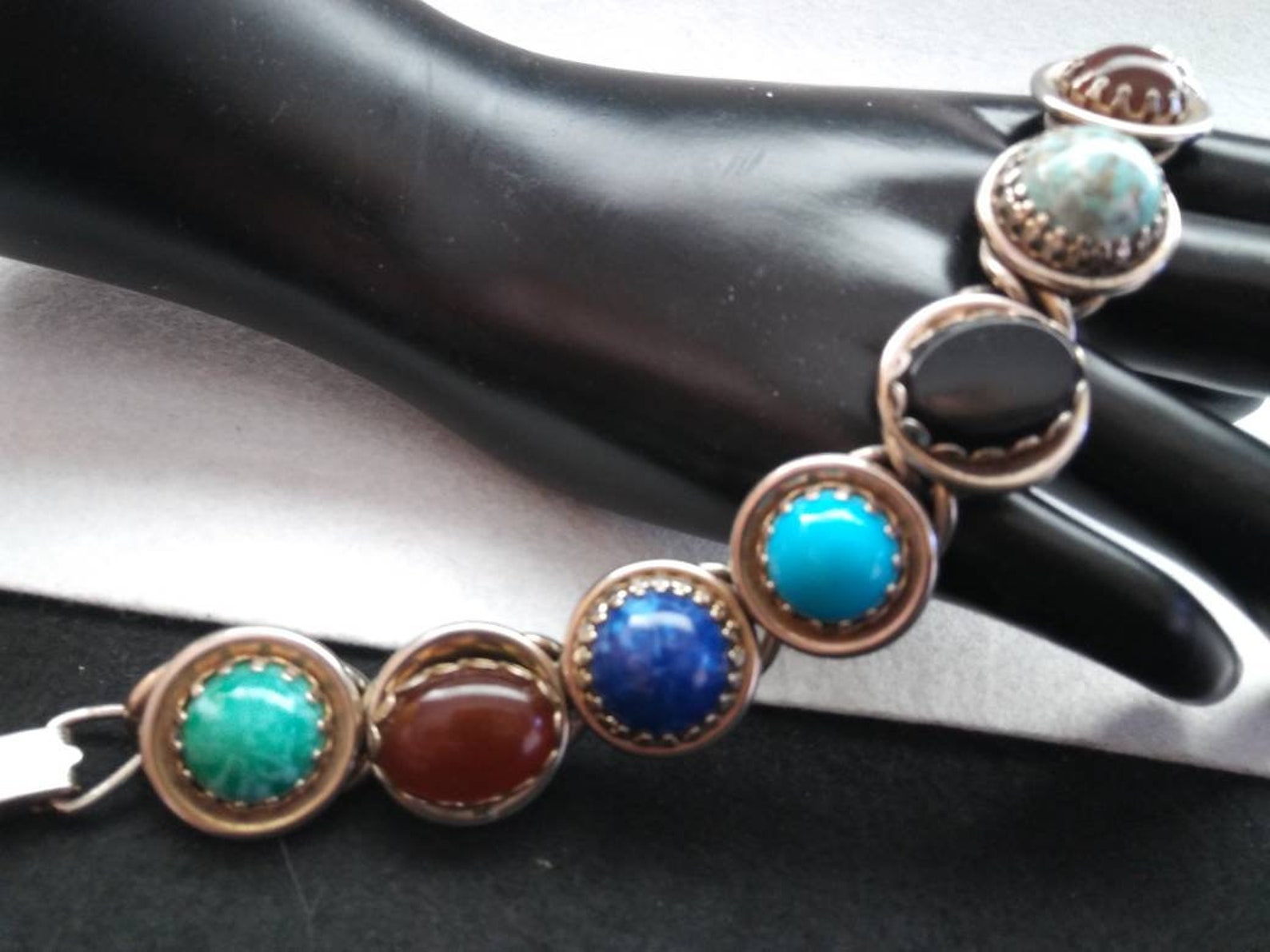 Colorful vintage glass stone bracelet chunky Aqua black blue Etsy