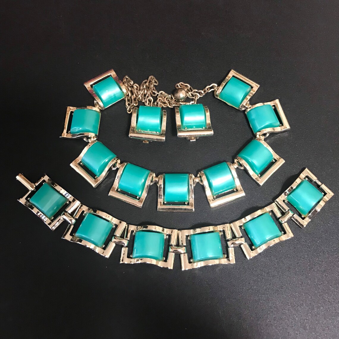Vintage Teal Green Jewelry Set Necklace Bracelet & Earring Etsy