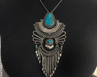 Vintage Pendant Necklace, 1970's Ethnic Jewelry, Agate Pendant, Stone Necklace, Statement Jewelry