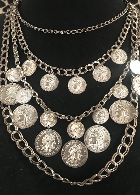 Striking Vintage Coin 4 Strand Necklace, Silver To